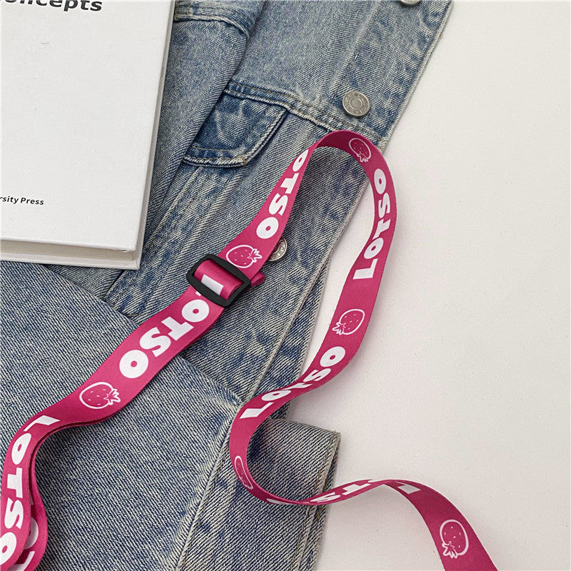 Bolso de hombro de lona de punto para mujer, bolso cruzado informal con oso de fresa de dibujos animados, desplazamientos diarios