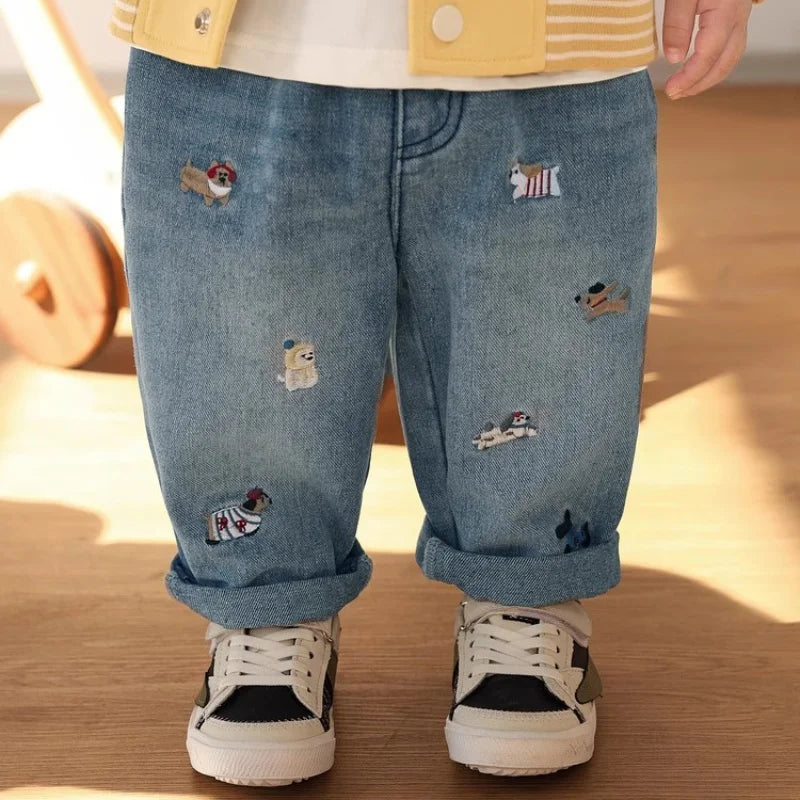 Pantalones vaqueros de primavera para niños y niñas, pantalones vaqueros bordados con dibujos de cachorros de 2 a 7 años, pantalones holgados con farol, pantalones vaqueros elegantes para niños