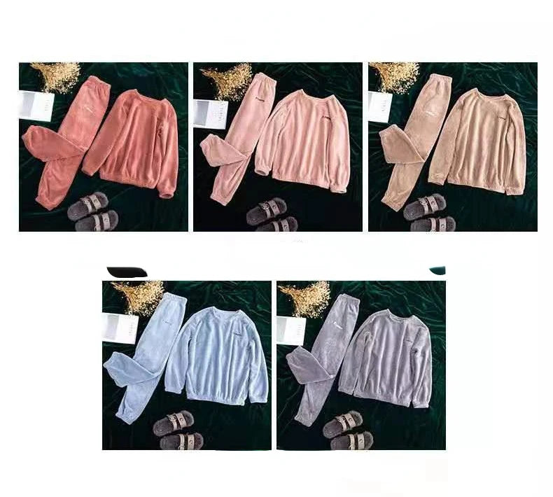 Pijamas de invierno de franela cálida para mujer, ropa de ocio gruesa, conjunto de pijamas lisos de manga larga de terciopelo Coral sencillo, 2025-26