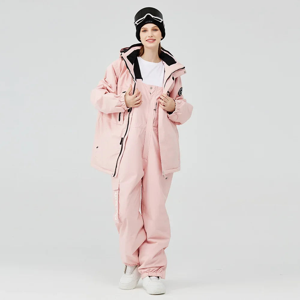 Traje de esquí para hombre y mujer, chaqueta de esquí impermeable a prueba de viento y pantalones con correa, traje cálido de invierno para pareja, novedad de 2023