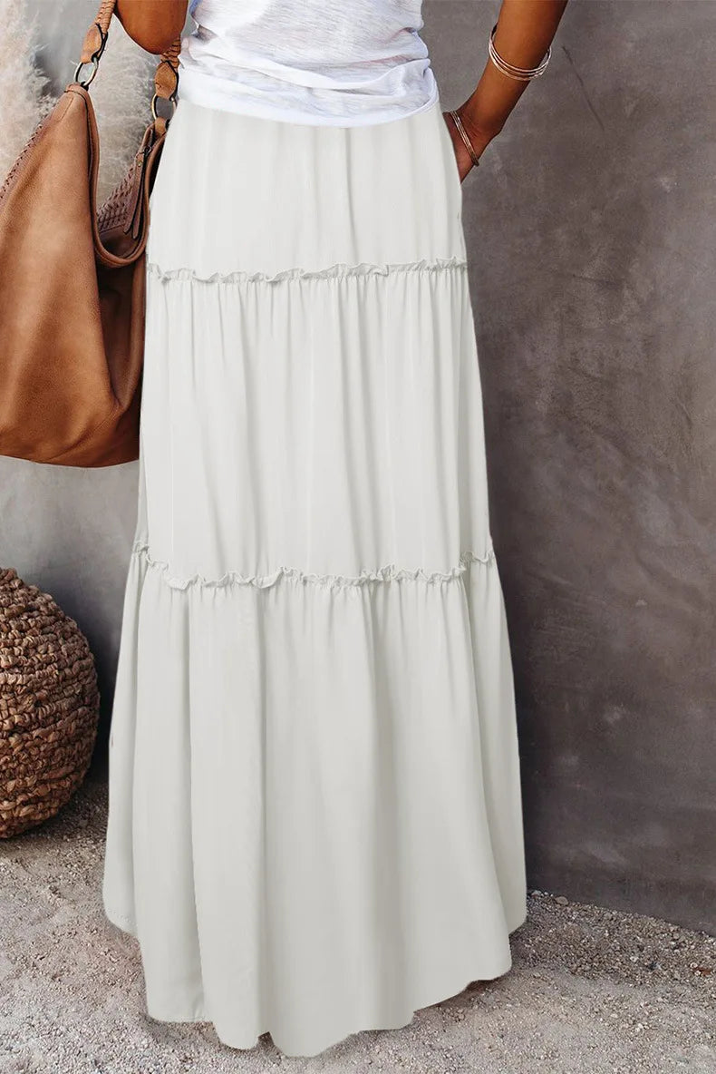 Falda larga de Color liso para mujer, falda en capas de seta de moda, falda elástica de cintura alta con volantes, primavera y otoño, nueva