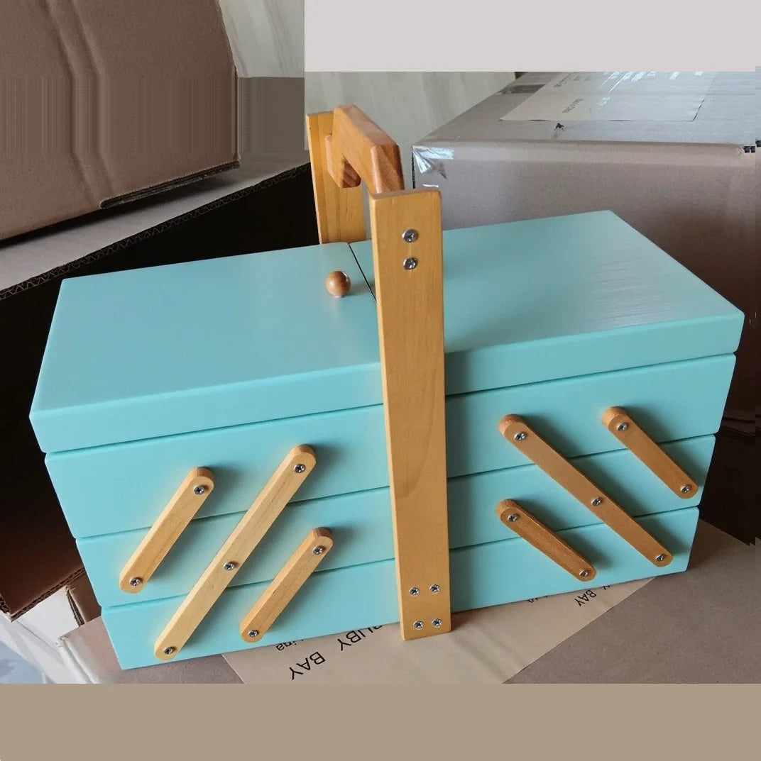 Caja de almacenamiento de costura de madera maciza, organizador multicapa, almacenamiento plegable portátil, solución de clasificación doméstica, diseño conveniente