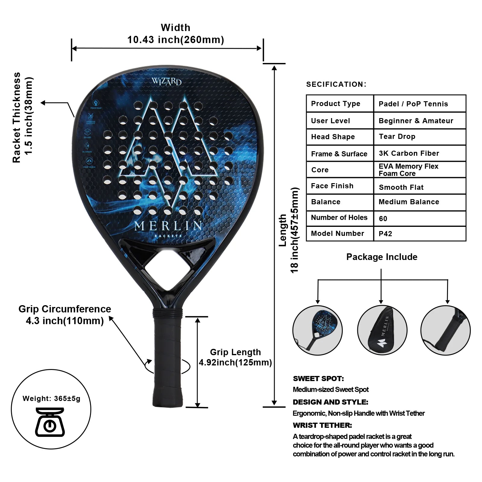 Raqueta de tenis de paleta ligera con cubierta, orificios de precisión, raqueta de Padel de carbono adecuada para principiantes y avanzados