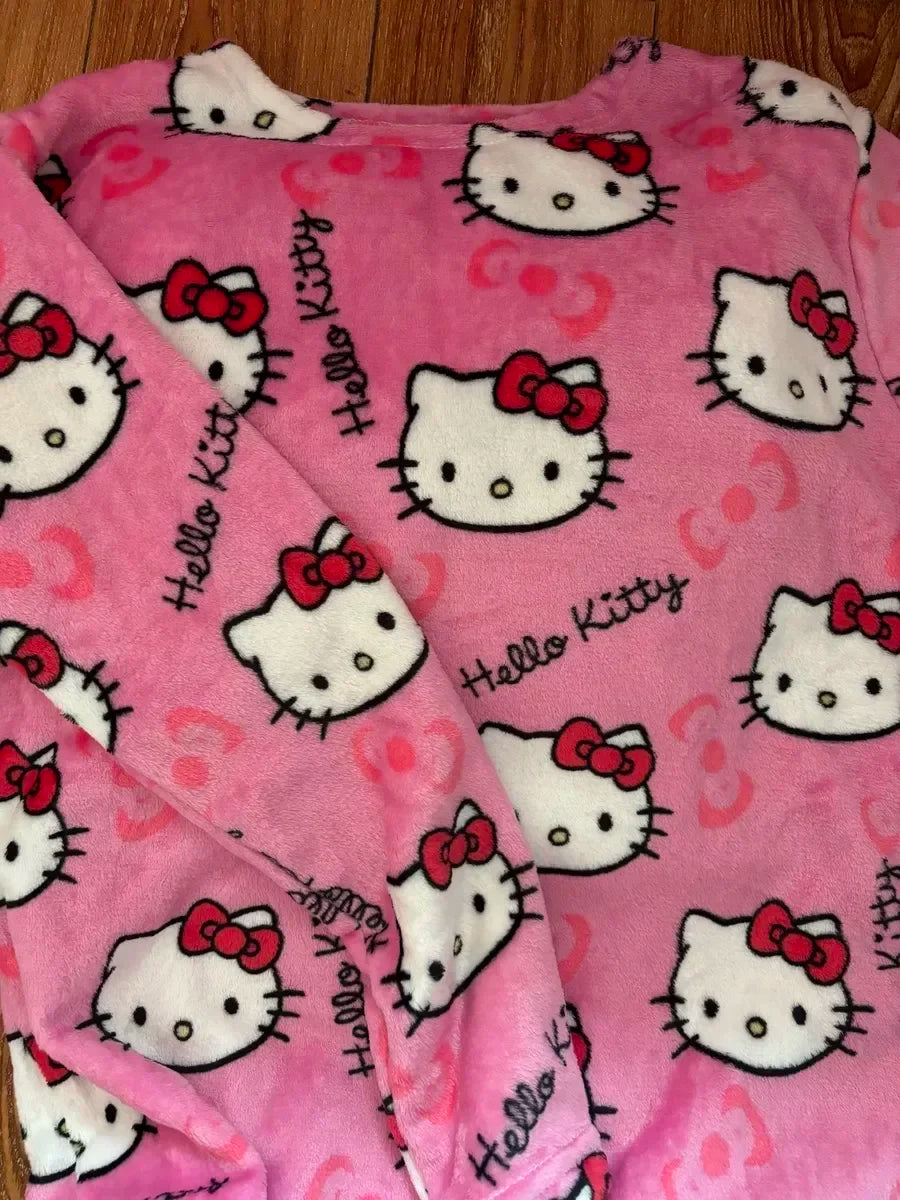 Conjunto de pijamas de Hello Kitty de invierno, pantalones de franela, traje de pijama de dibujos animados Kawaii, pantalones gruesos cálidos para mujer, ropa de casa de felpa, ropa de dormir bonita