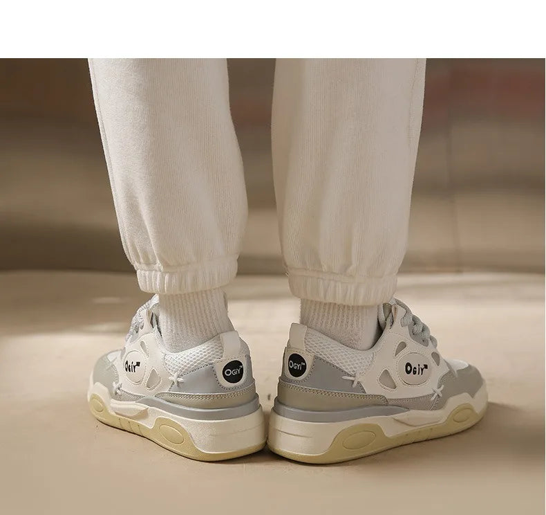 Zapatillas de deporte gruesas para hombre, zapatos de suela suave para correr, informales, de cuero de microfibra, transpirables, con plataforma aumentada de altura