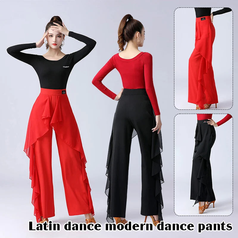 Pantalones de baile latino para mujer, pantalones anchos con volantes de cintura alta para baile moderno, pantalones de salón Tango Samba, traje de práctica de actuación