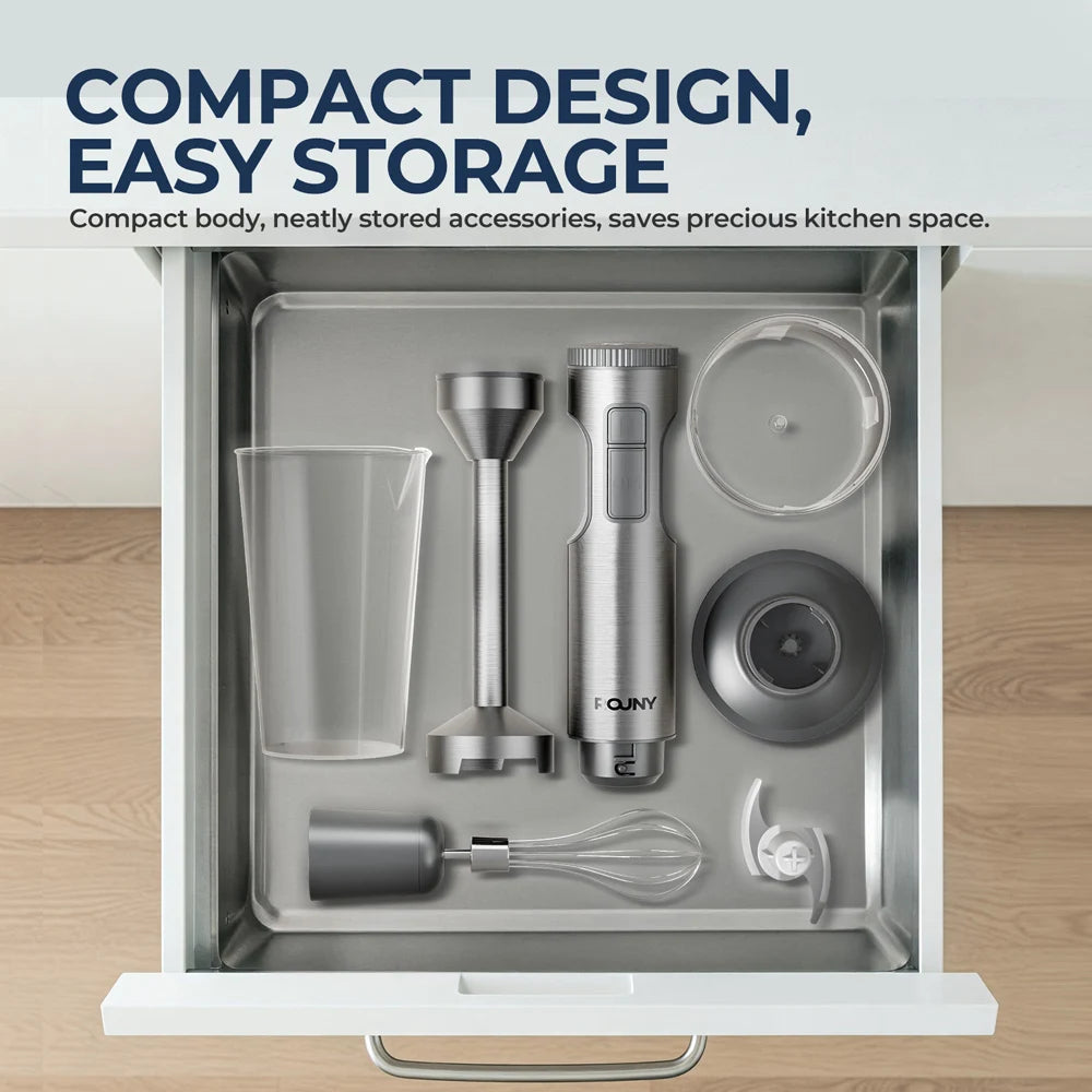 Batidora de inmersión manual potente de 1000W 4 en 1, batidora de alimentos con varilla de acero inoxidable, vaso mezclador de 700ml, procesador de 500ml, batidor