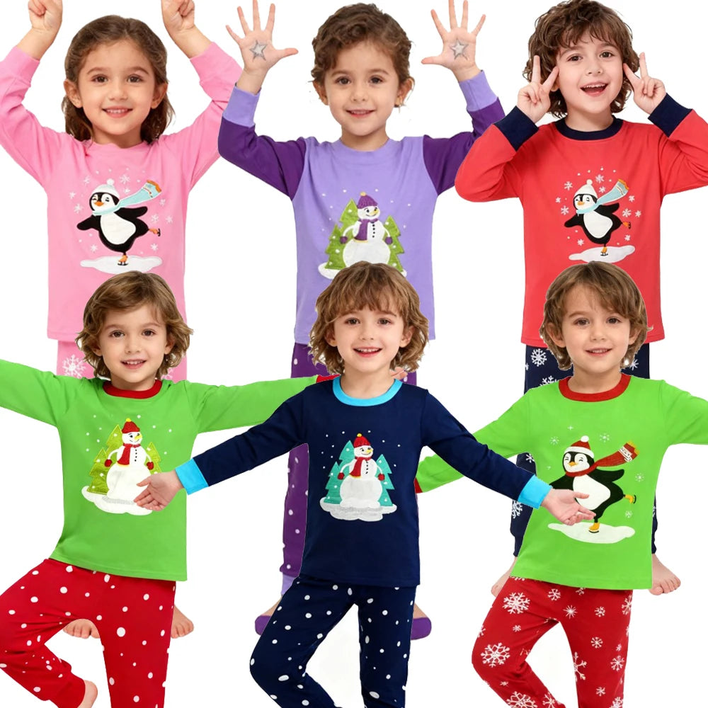 Pijamas de Navidad para niños y niñas, conjuntos de manga larga, ropa de dormir de pingüino y muñeco de nieve para bebés, Pijamas para niños con motivos de copo de nieve