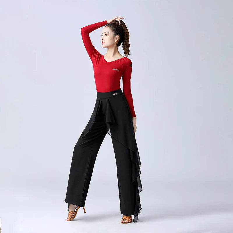 Pantalones de baile latino para mujer, pantalones anchos con volantes de cintura alta para baile moderno, pantalones de salón Tango Samba, traje de práctica de actuación