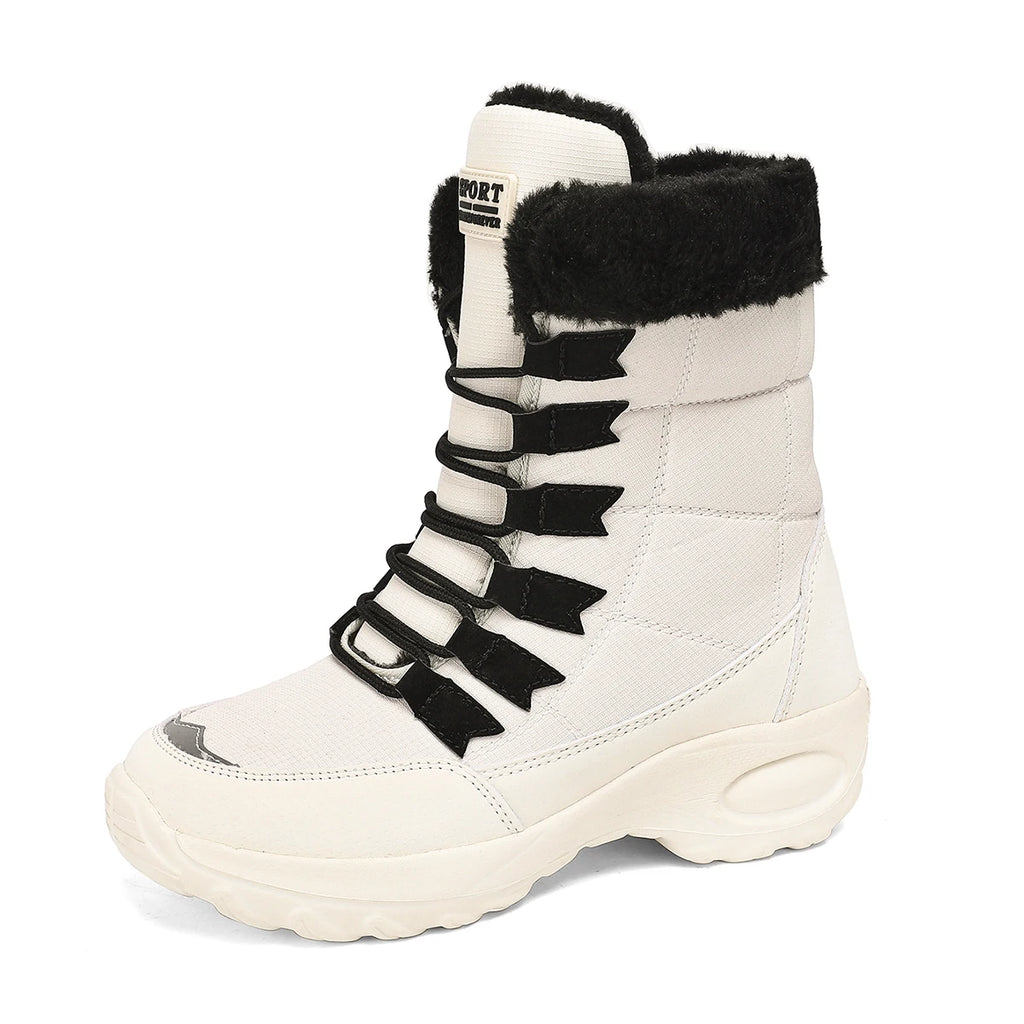 Zapatos de invierno impermeables para mujer, cómodas botas de senderismo al tobillo para exteriores, botas altas con plataforma de piel, botas de nieve cálidas
