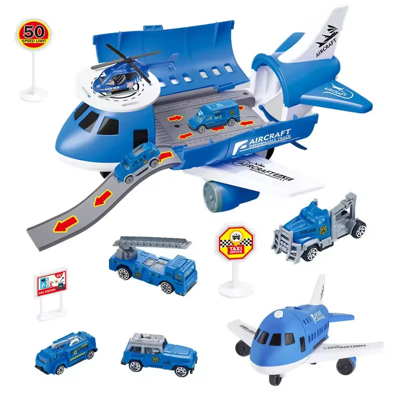 Modelo de avión para niños, juguetes, modelo inercial, aviones de simulación, juguetes multifuncionales, 3 coches aleatorios, 1 helicóptero, 6 señales de tráfico