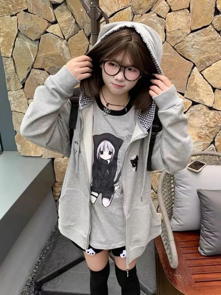 Ropa de Mujer, sudaderas con capucha bonitas japonesas, abrigos con estampado de gato bonito, sudaderas con capucha Y2K, Tops, Ropa de Mujer, Sudadera con capucha holgada informal con cremallera