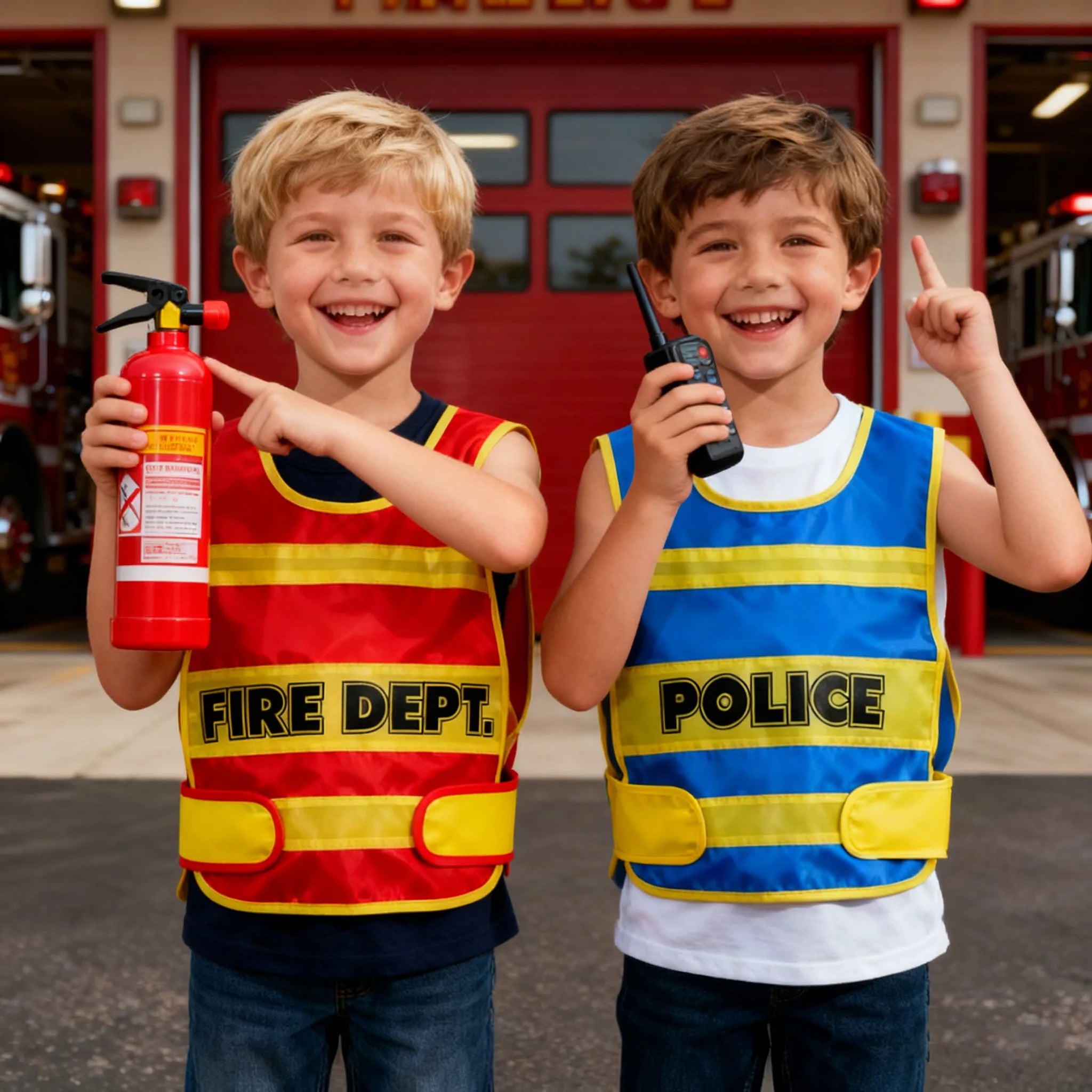 Dos tipos de disfraces de rol profesionales, bomberos, chalecos de juego de rol de policía de tráfico, accesorios de juego para niños