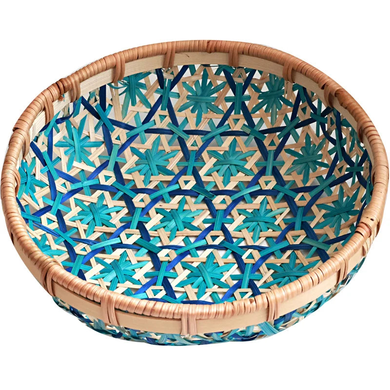 Cesta tejida colorida hecha a mano, bandeja de almacenamiento de aperitivos de frutas secas, cestas de almacenamiento de aperitivos de frutas secas hechas de bambú, cesta de picnic de frutas