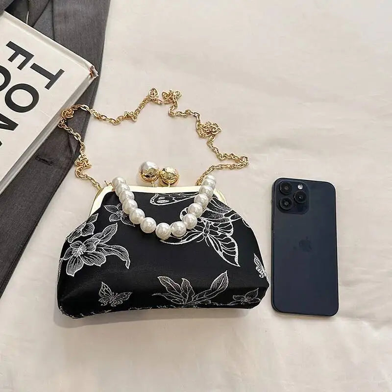 Bolso de mano bordado de estilo bohemio para mujer, bolsos de hombro con patrón floral, elegante bolso con correa de cadena y asa de metal, cartera de regalo