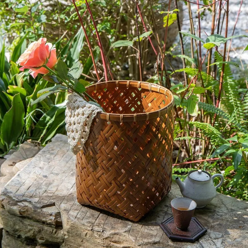 Cesta de bambú púrpura antigua hecha a mano, organizador multifuncional, soporte de papel decorativo para flores, contenedor de almacenamiento para el hogar