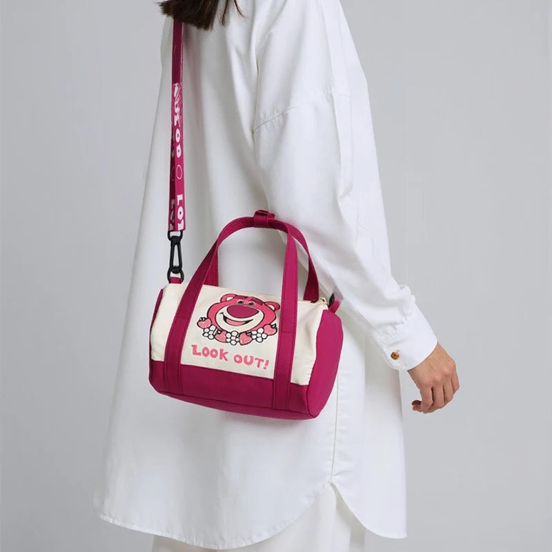 Bolso de hombro de lona de punto para mujer, bolso cruzado informal con oso de fresa de dibujos animados, desplazamientos diarios