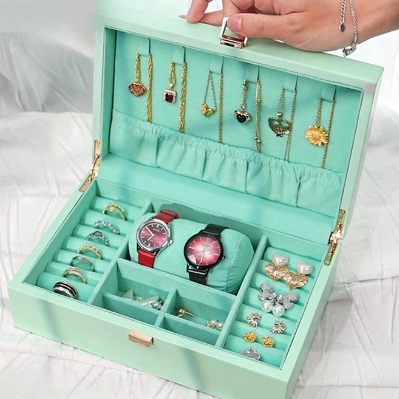 Caja de almacenamiento de joyería creativa, cajas de joyería de escritorio de madera, collar, pulsera, pendientes, organizador, relojes para mujer, caja de almacenamiento de anillos