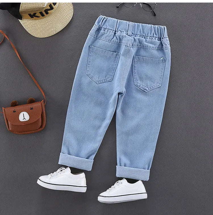 Primavera otoño niños Jeans niños algodón estampado empalme pantalones vaqueros elásticos pantalones coreanos para adolescentes ropa para niños DenimRipped