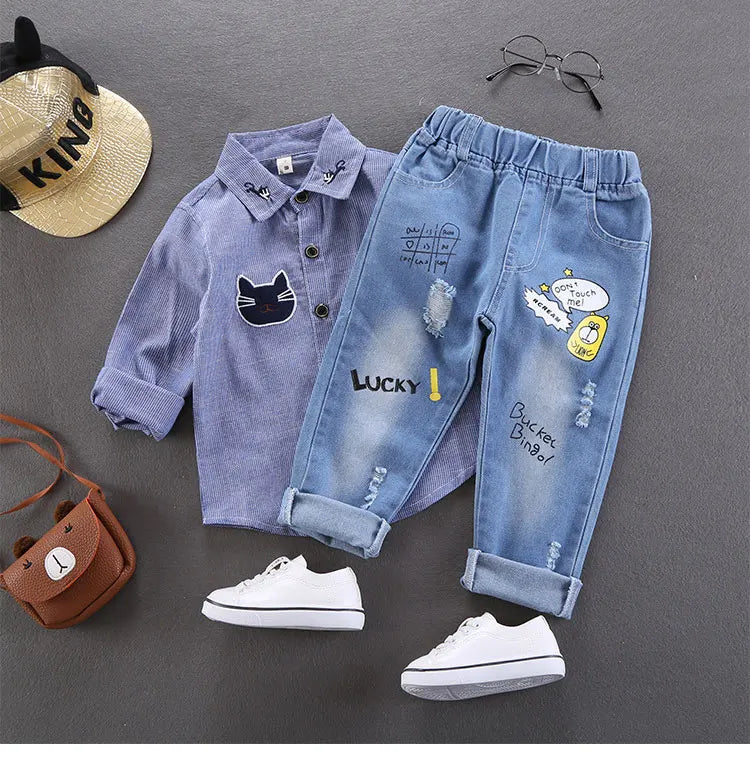 Primavera otoño niños Jeans niños algodón estampado empalme pantalones vaqueros elásticos pantalones coreanos para adolescentes ropa para niños DenimRipped