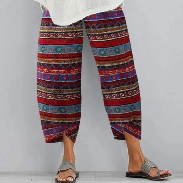 Pantalones bombachos Vintage de lino y algodón para mujer, pantalón de pierna ancha con cintura elástica, informal, holgado, con bolsillos sólidos