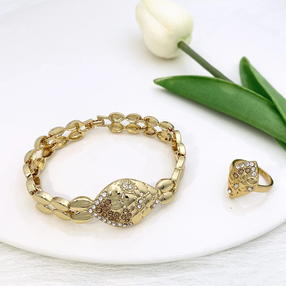 Conjuntos de joyas de calidad para mujer, diseño de lujo, collar de Color dorado, pendientes, anillo, pulsera, regalo de fiesta de boda