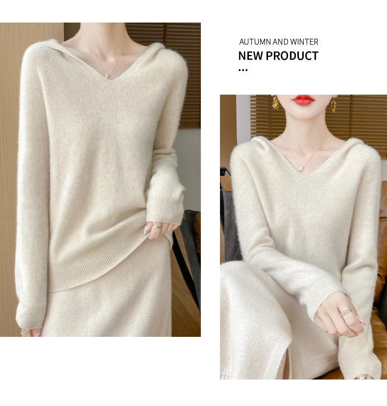 Ropa de Otoño Invierno para mujer, jersey con cuello con capucha, suéter de lana merina de 100%, Tops de Cachemira a la moda, prendas de punto suaves