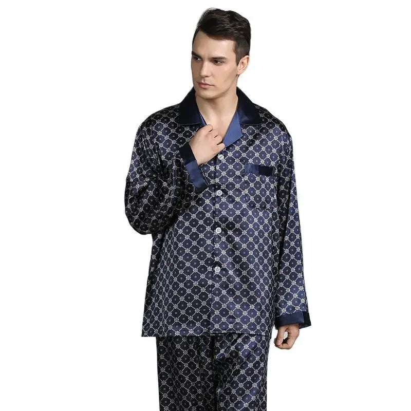 Conjunto de pijama informal para hombre, ropa de dormir con camisa y pantalones de satén de seda sintética, suave, lencería íntima, 2 uds.