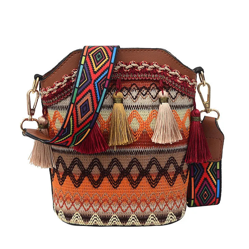 Bolso bohemio Vintage para mujer, bandolera tejida a mano con borlas, estilo étnico, bandolera Hippie