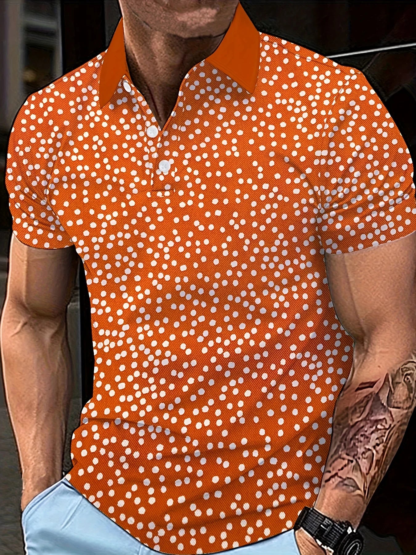 Camisa de Golf para Hombre, Estilo Casual, Cuello Deportivo, Manga Corta, Estampado de Puntos Blancos y Naranjas, Polo Clásico de Tres Botones