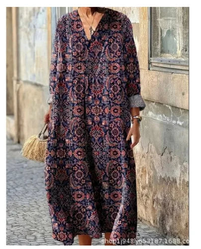 Vestido camisero con estampado Floral para mujer, vestido holgado a la moda con cuello en V, corte en A, elegante, para vacaciones en la playa, estilo sol, principios de otoño