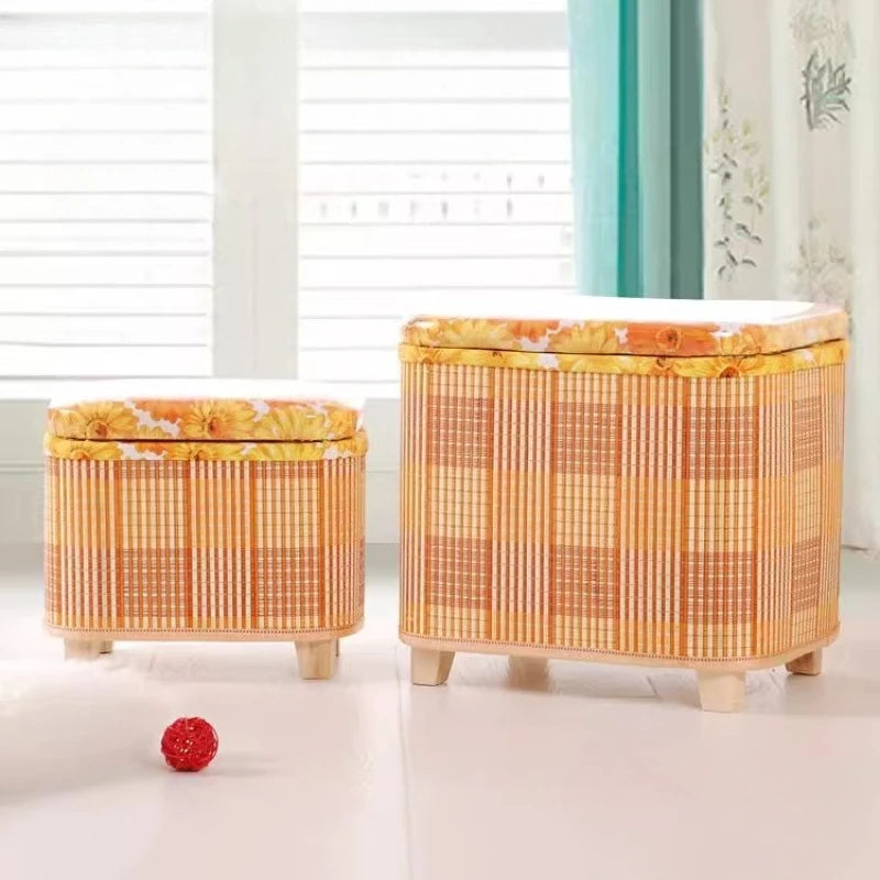 Taburete de almacenamiento tejido de bambú ecológico, caja organizadora multifuncional de madera, banco de sofá para pasillo, balcón, reposapiés para zapatos