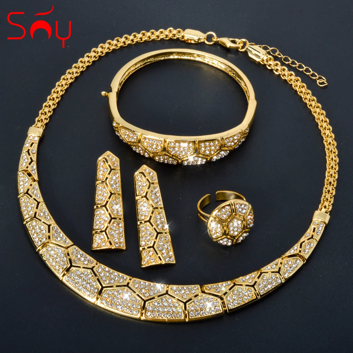 Sunny Jewelry-Conjunto de boda nupcial, circonita de acorita, pendientes chapados en oro clásico, collar, pulsera, anillo para mujer, regalo de aniversario