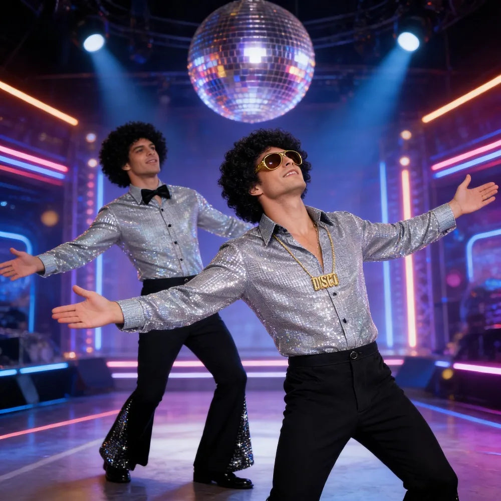 6 disfraces de discoteca de los años 70, incluyen camisa Retro, pantalones con parte inferior acampanada, peluca, gafas de sol, collar, gorro de peluca para fiesta disco, pantalón acampanado inferior