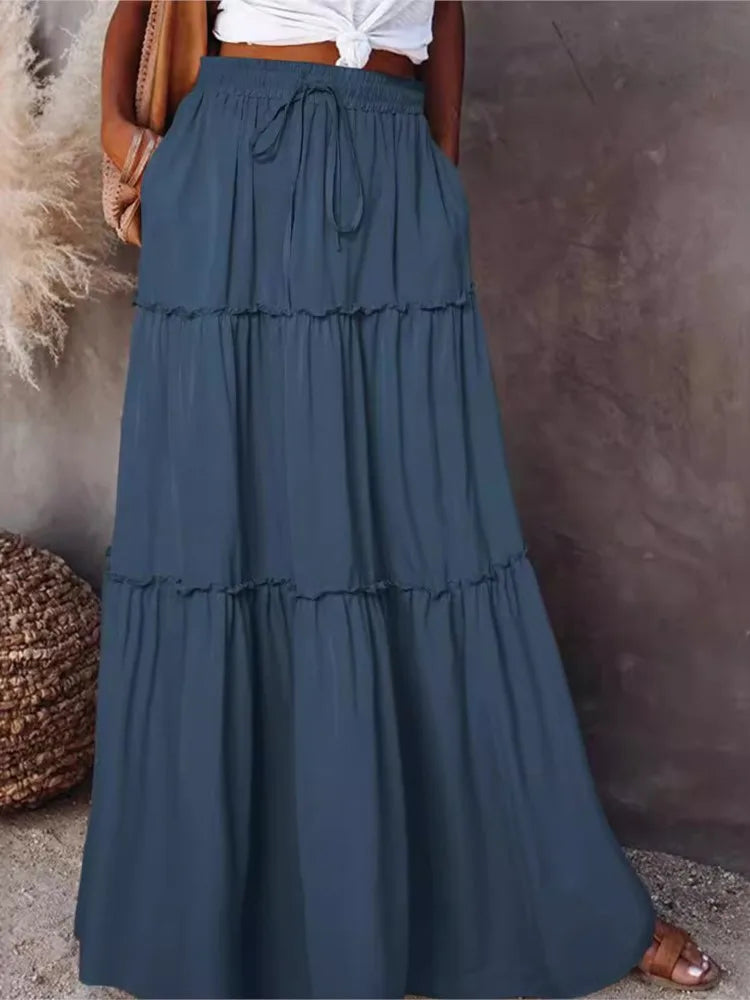 Falda larga de Color liso para mujer, falda en capas de seta de moda, falda elástica de cintura alta con volantes, primavera y otoño, nueva