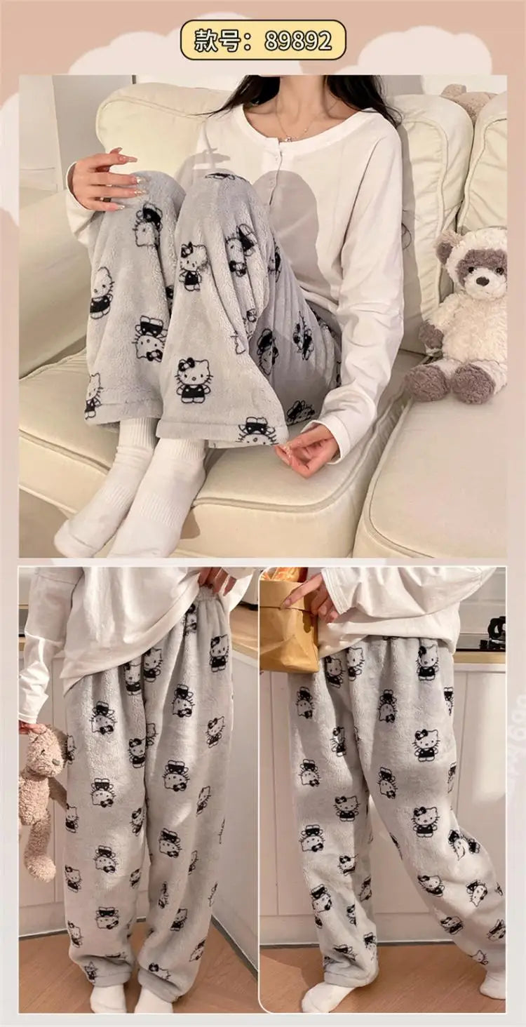 Pantalones de pijamas de franela de invierno para mujer, pantalones de felpa de Hello Kitty Sanrio Kawaii, pantalones cálidos de terciopelo Coral grueso para dormir, pantalones de casa