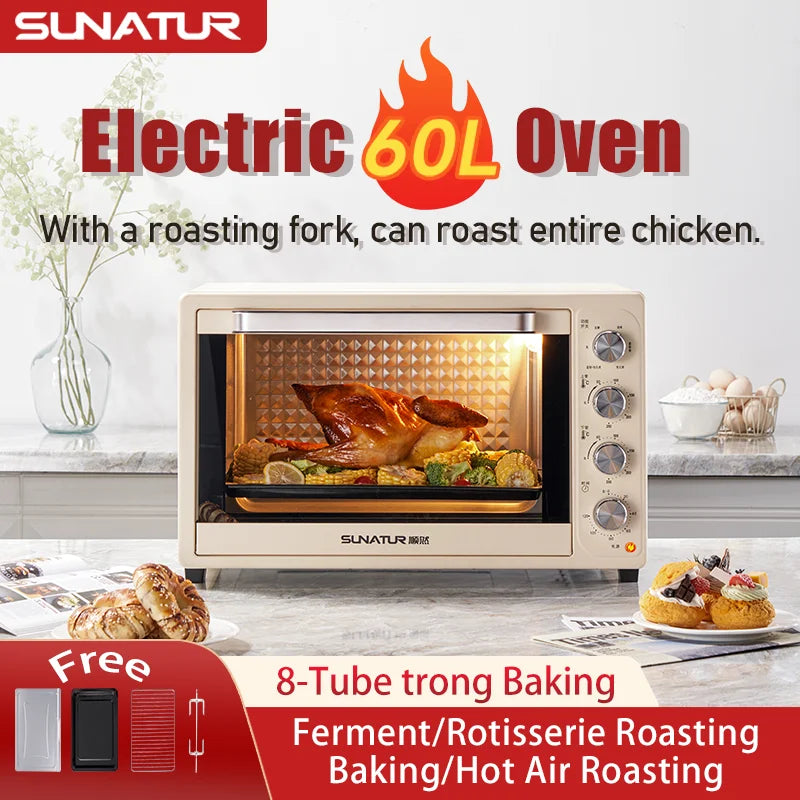 SUNATUR-horno de circulación de aire caliente de 2200w, pequeño horno comercial para hornear pizza, tostador, mesa eléctrica de 60L, horno de repostería para el hogar
