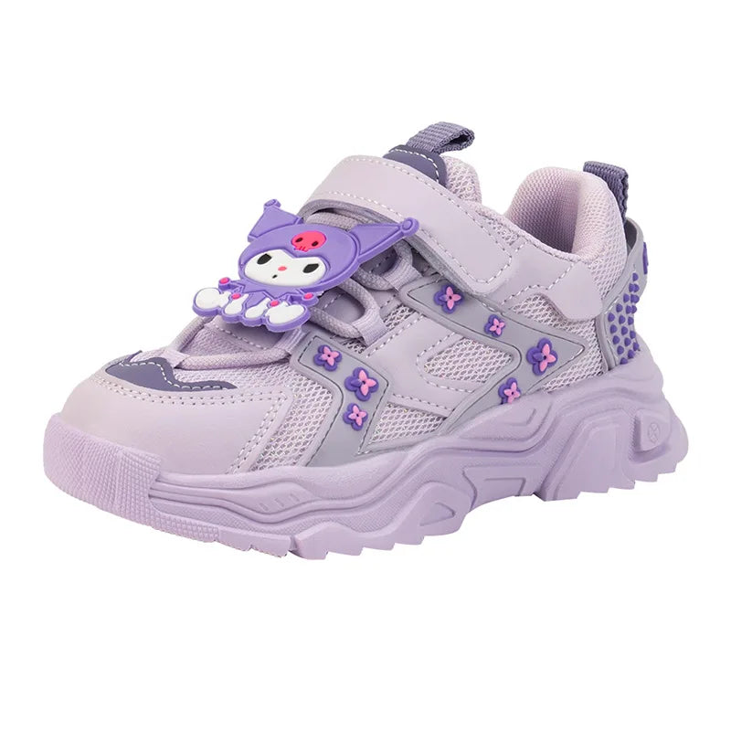 Zapatos informales para niños, zapatillas de deporte con dibujos animados Kuromi, zapatos de primavera de cuero PU para niñas, zapatos antideslizantes con Velcro rosa Pruple, talla 26-37