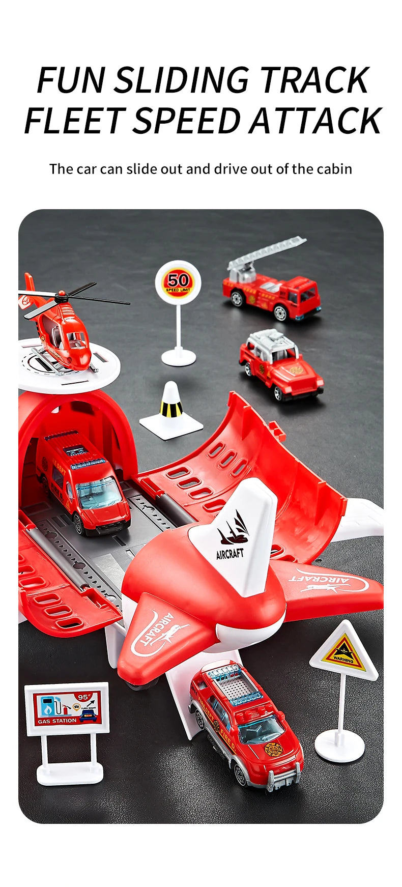 Modelo de avión para niños, juguetes, modelo inercial, aviones de simulación, juguetes multifuncionales, 3 coches aleatorios, 1 helicóptero, 6 señales de tráfico