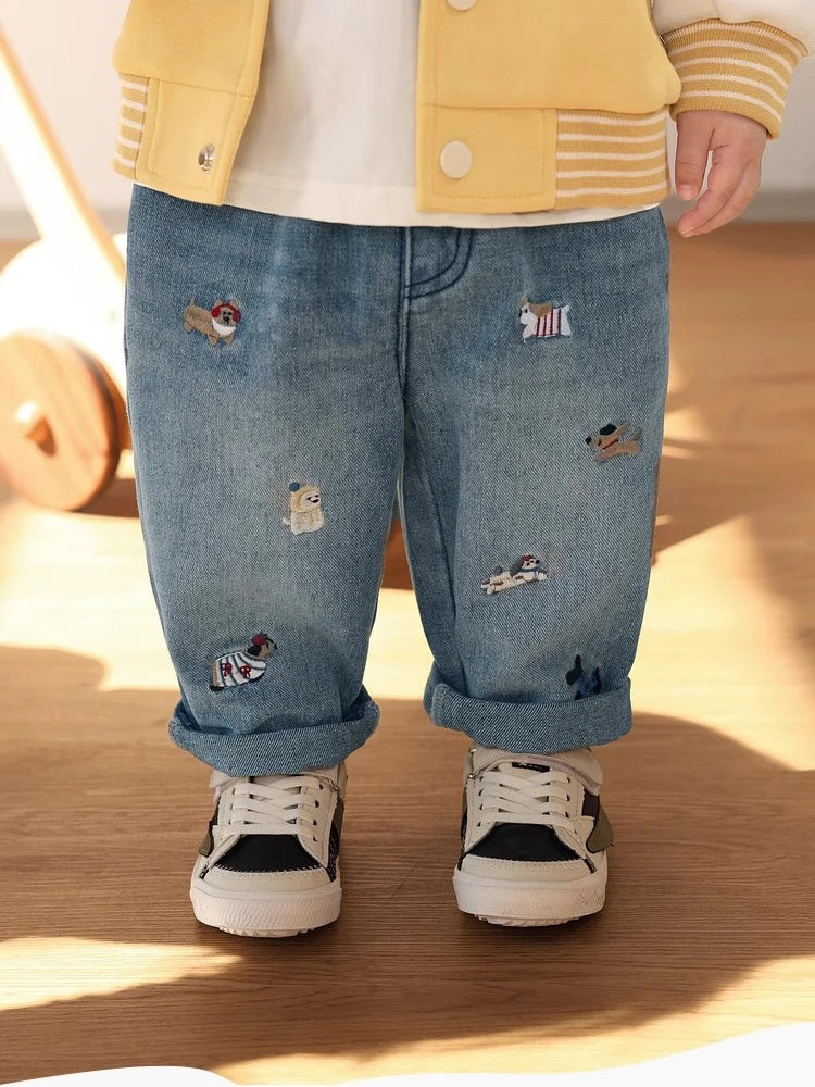 Pantalones vaqueros de primavera para niños y niñas, pantalones vaqueros bordados con dibujos de cachorros de 2 a 7 años, pantalones holgados con farol, pantalones vaqueros elegantes para niños