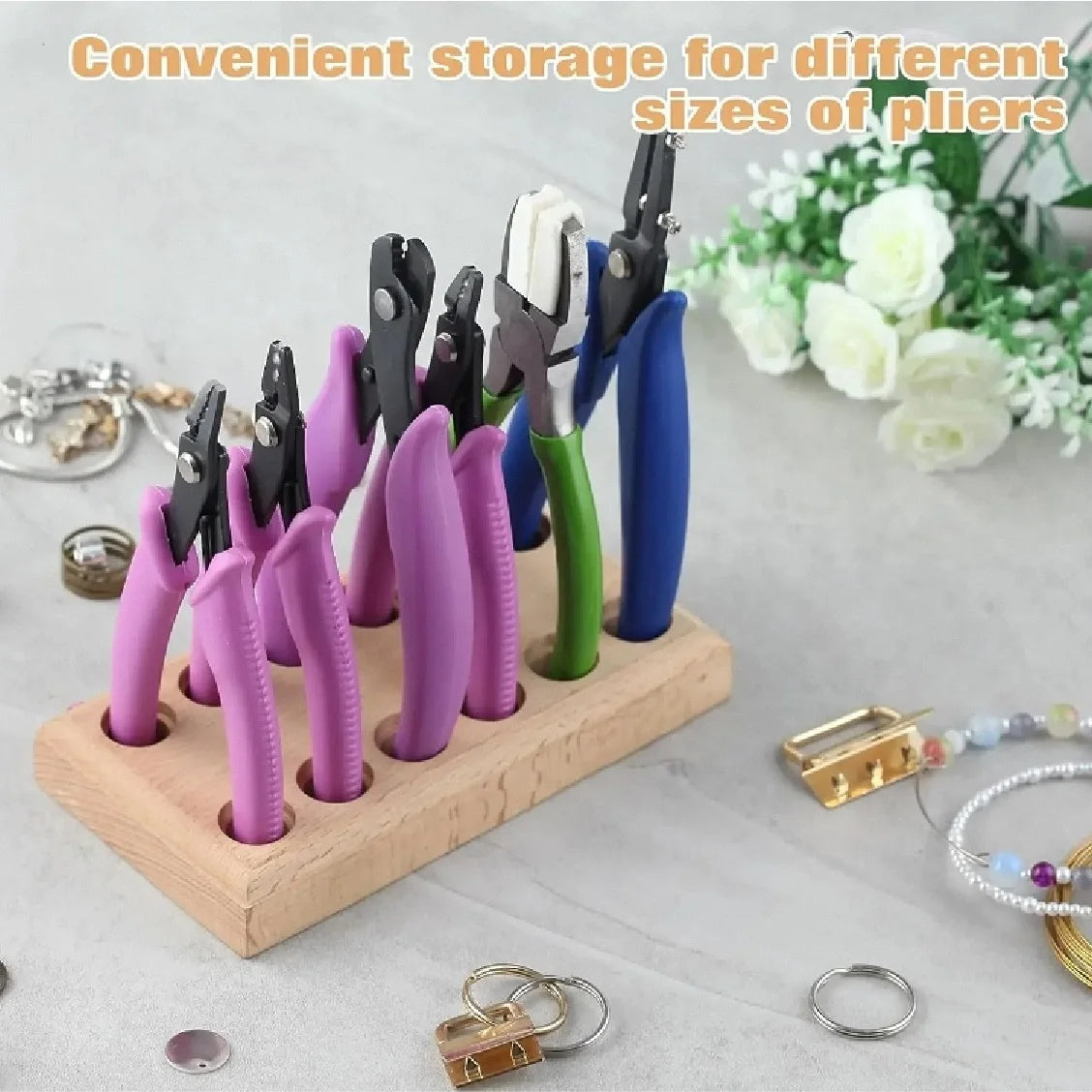 Estante organizador de alicates de madera dura con 12 agujeros, almacenamiento compacto para 6 alicates, soporte para herramientas de joyería, bloque de taller que ahorra espacio