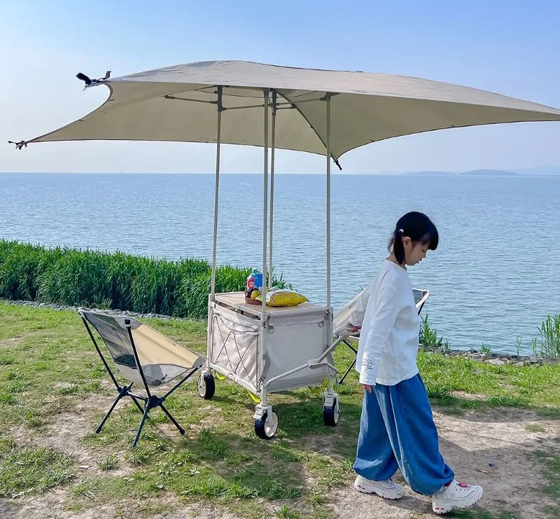 Carro de Camping plegable con sombrilla, carrito de mano de almacenamiento multifuncional portátil de viaje, herramientas útiles y prácticas para acampar al aire libre