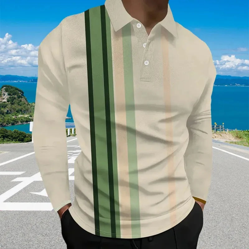 Ropa de golf para hombre con estampado de rayas negras a la moda, polo con botones y cuello blanco, ropa para hombre, solapa de oficina de manga larga para hombre