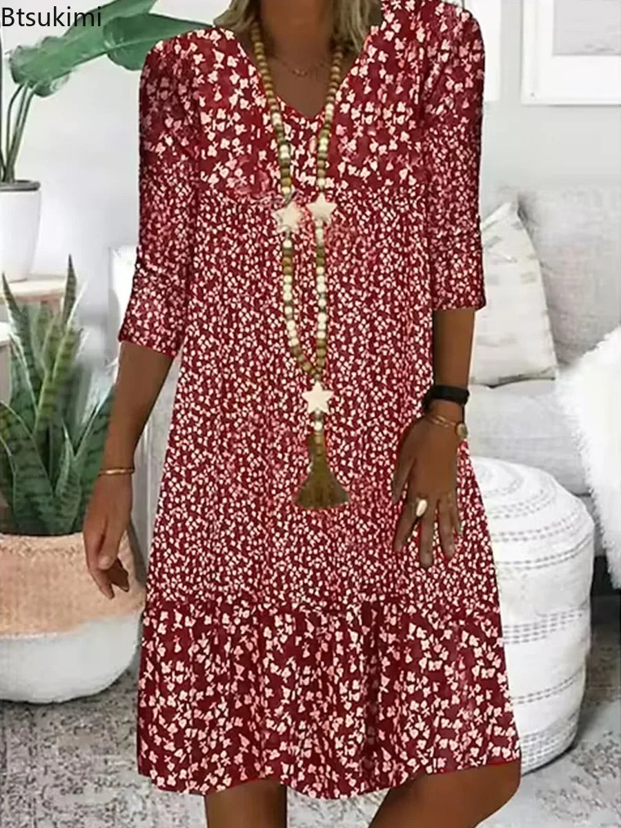 Vestido de verano para mujer, vestido acampanado con estampado Floral Vintage, falda bohemia para la playa con cuello en V, vestido elegante de fiesta, Vestidos informales para mujer