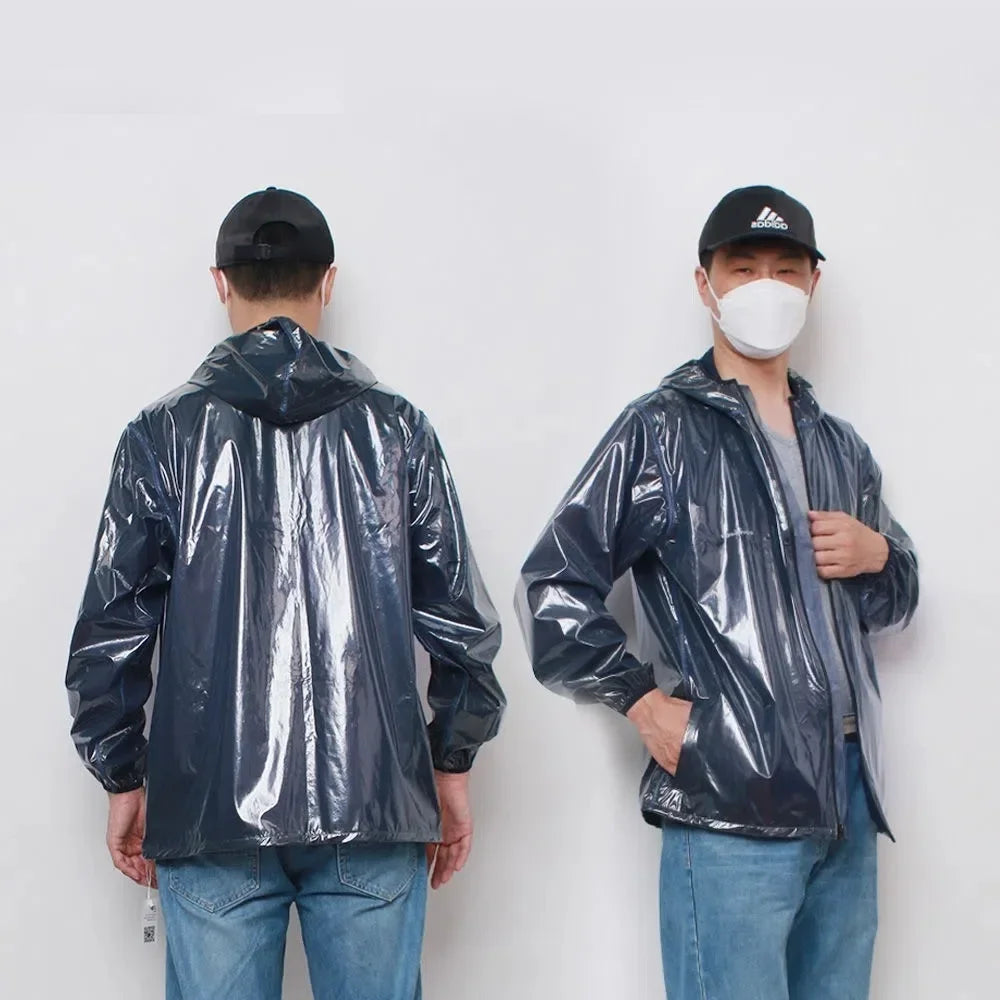 Chaqueta de TPU de talla grande para hombre y mujer, abrigo superior impermeable de manga larga con capucha y cremallera, impermeable para deportes al aire libre