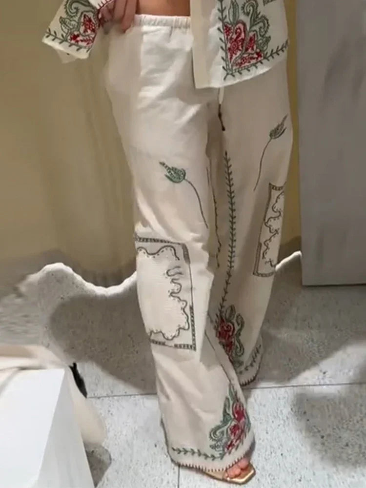 Conjunto de camisa de solapa bordada Retro, pantalón largo, camisas informales elegantes con una botonadura, conjuntos de pantalones rectos, trajes elegantes de verano