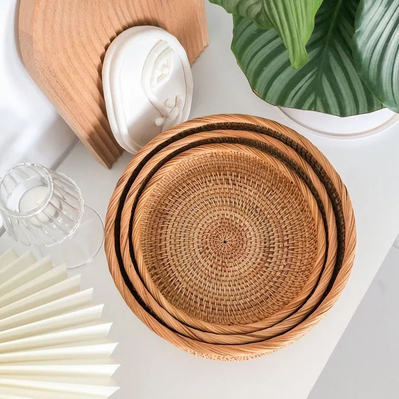 Cesta redonda de ratán para fruta, bandeja tejida de mimbre para aperitivos, organizador de alimentos para pan, almacenamiento de cocina, decoración del hogar