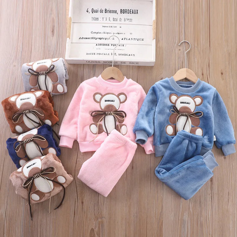 Ropa de otoño e invierno para niños, conjunto de pijamas para bebés, ropa de dormir de lana de Franela gruesa para niños, conjuntos de 2 uds, trajes cálidos para el hogar, ropa para niños