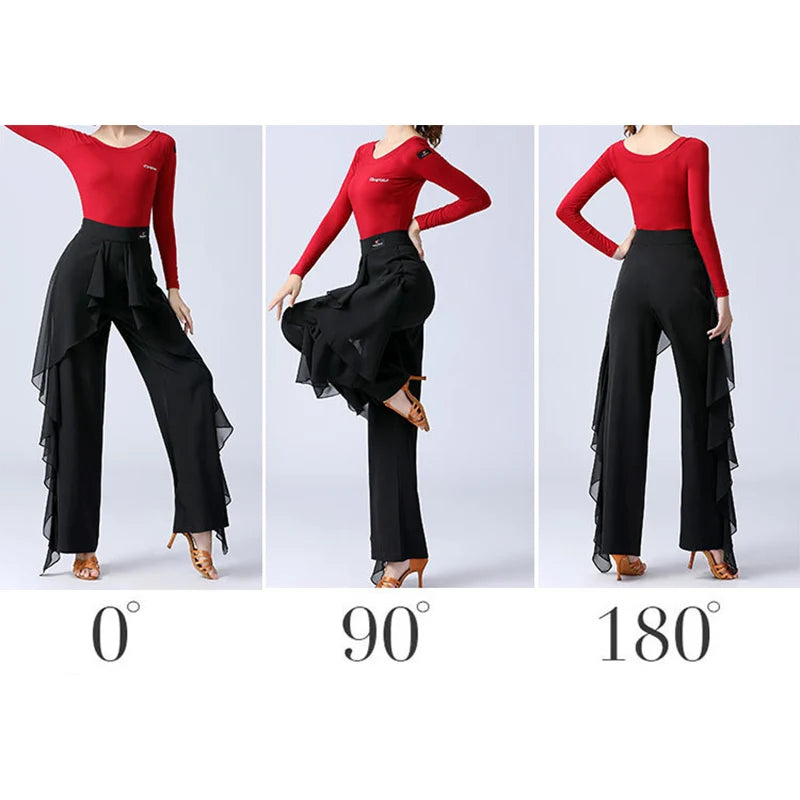 Pantalones de baile latino para mujer, pantalones anchos con volantes de cintura alta para baile moderno, pantalones de salón Tango Samba, traje de práctica de actuación