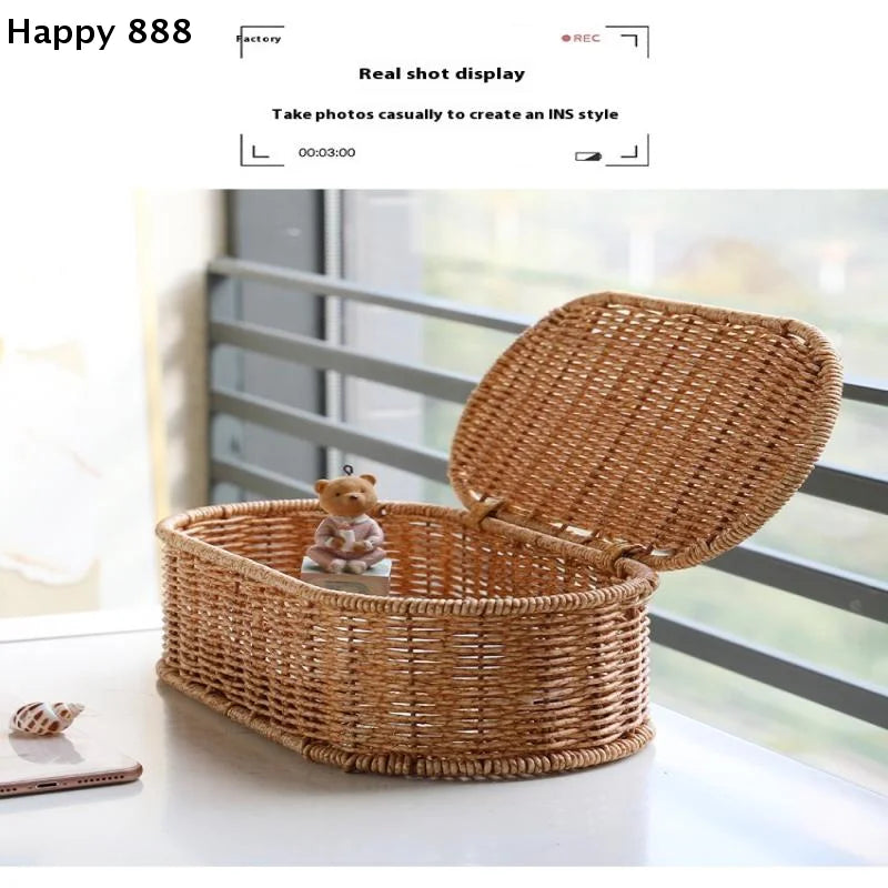 Cesta de almacenamiento de ratán de imitación de estilo bohemio, una caja de almacenamiento tejida con un marco a prueba de polvo para decoración del hogar